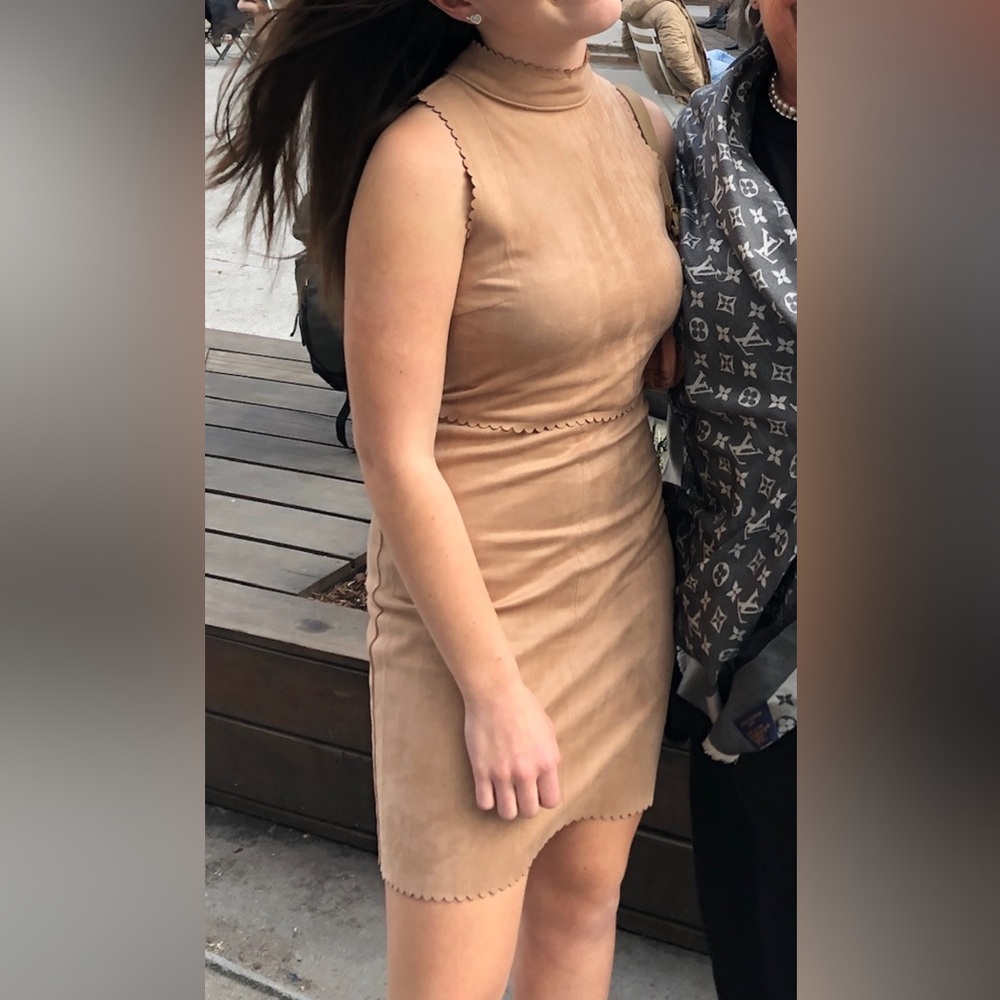 Suede Elegant Tan Sleeveless Dress